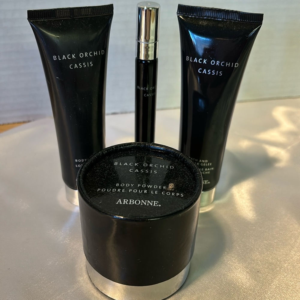 Lot 4 perfume ARBONNE BLACK  cream ORCHID CASSIS BODY POWDER .35 OZ. travel